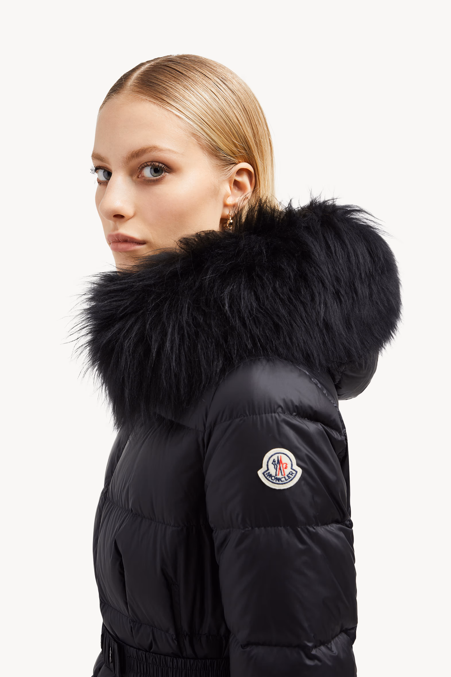Boedic Hooded Shearling-Trimmed Long Down Jacket Women Black Moncler 4